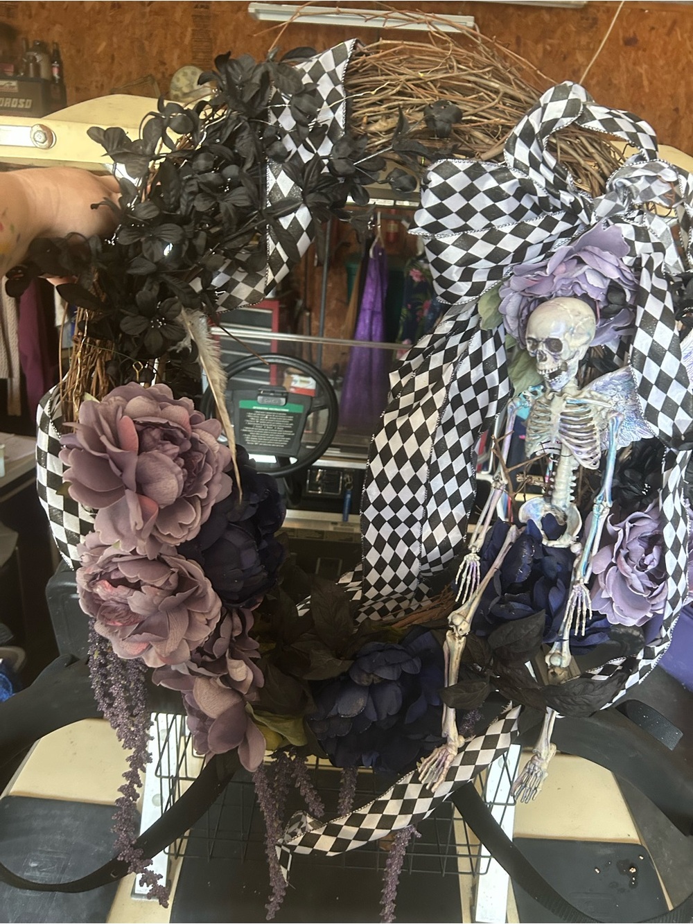 Purple & Black Halloween Skeleton Wreath with Checkered Ribbon